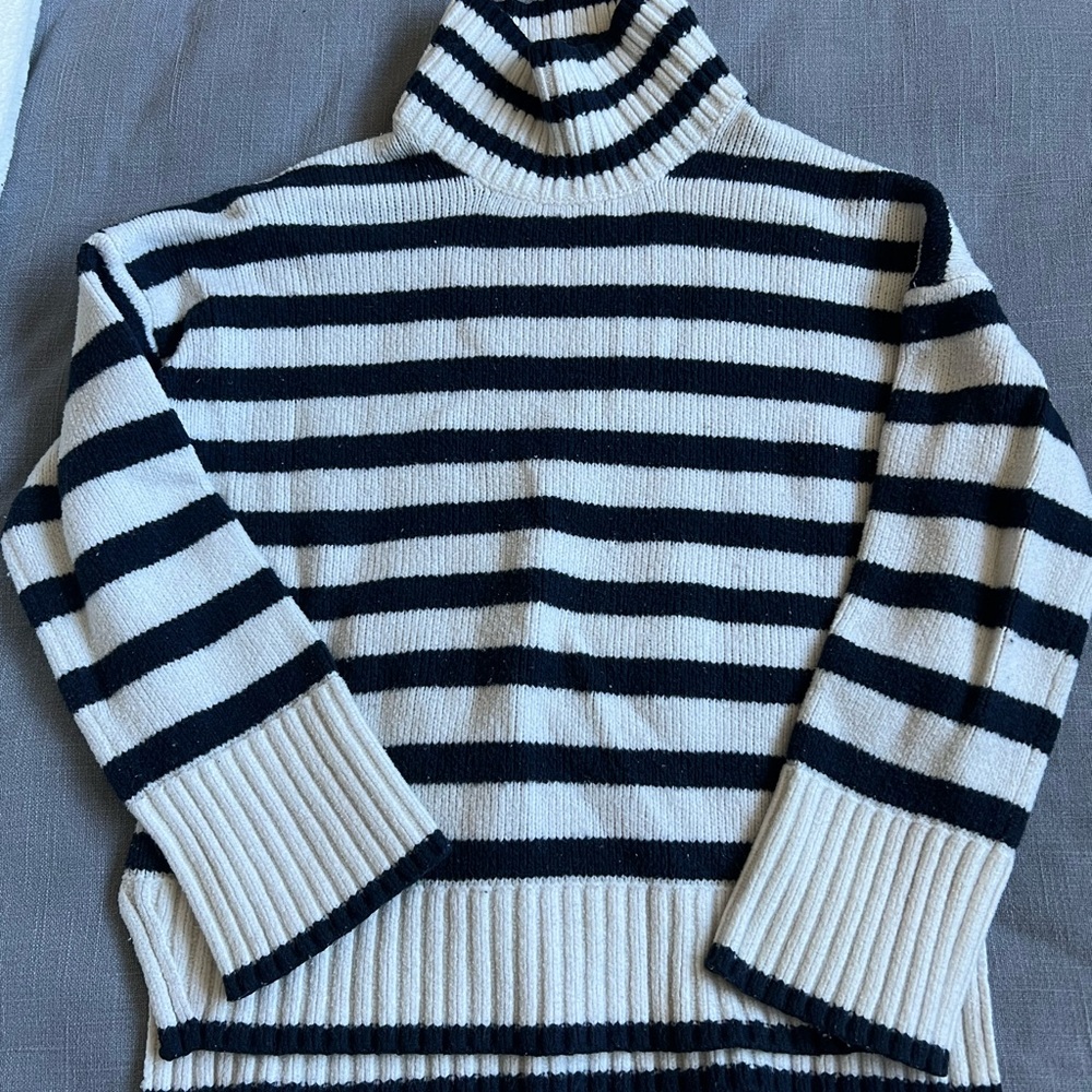 Abercrombie & Fitch Navy and Cream Striped Turtleneck Sweater